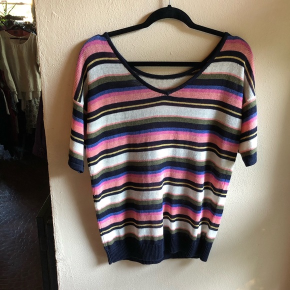 Talbots Linen Short Sleeve Sweater. Navy Multicolor Stripes. Size Medium - Picture 7 of 11